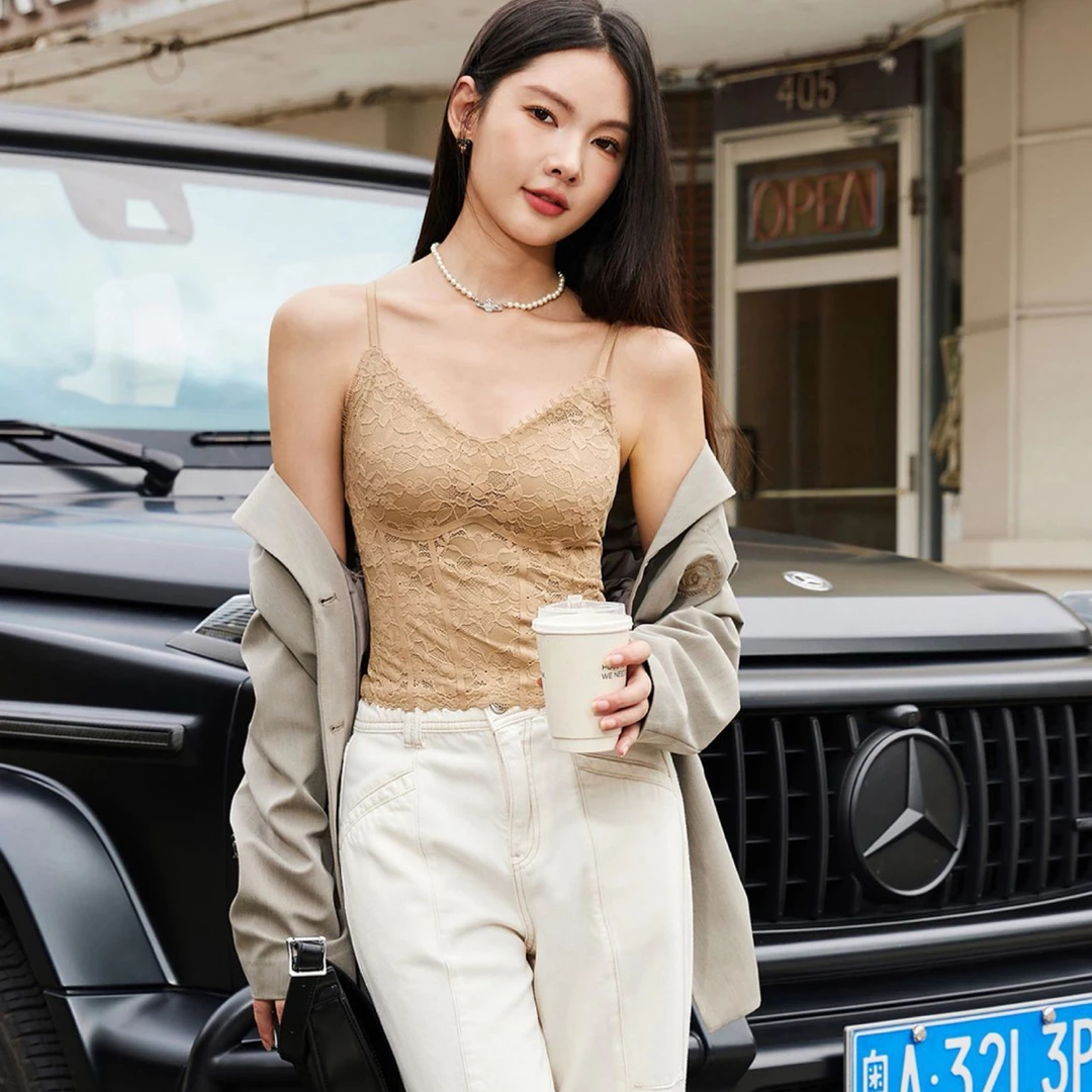 6063 （聚拢法式长款）早秋新款法式蕾丝吊带小胸聚拢时尚百搭美背