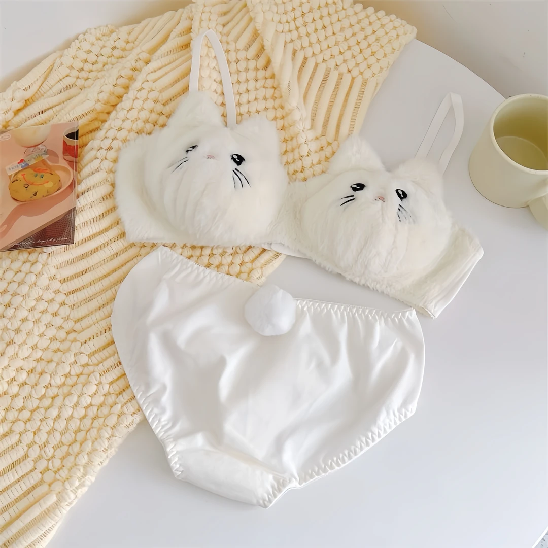 入冬毛绒内衣猫咪刺绣卡通可爱尾巴内衣无钢圈内衣套装睡衣女内衣