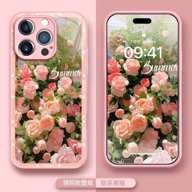 苹果/华为/OPPO/VIVO/小米 粉色玫瑰创意个性全包防摔玻璃手机壳
