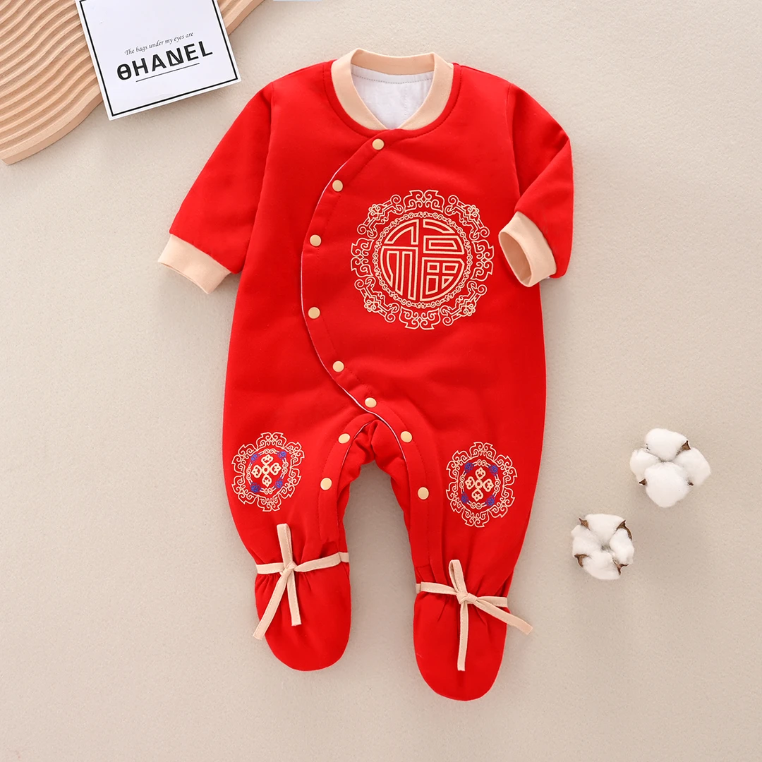 新生婴儿大红色满月百天秋冬装厚棉款礼服0-2岁拜年服包脚连体衣