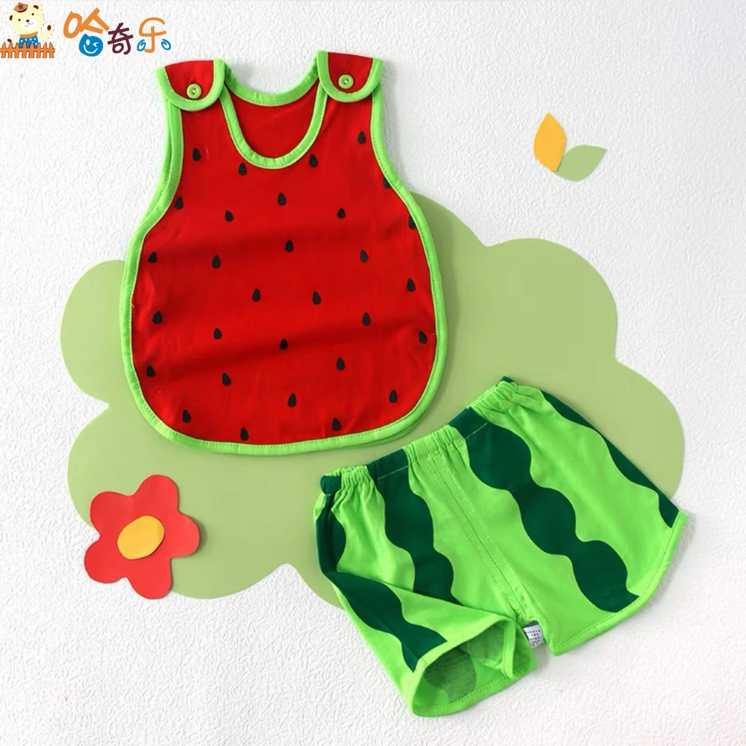 婴儿夏季网红西瓜服儿童无袖套装小孩可爱超萌哈衣薄款纯棉演出服