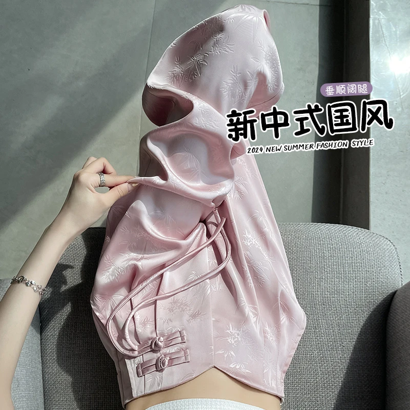 粉色提花缎面阔腿裤女夏季盘扣流苏高腰显瘦直筒长裤新中式休闲裤