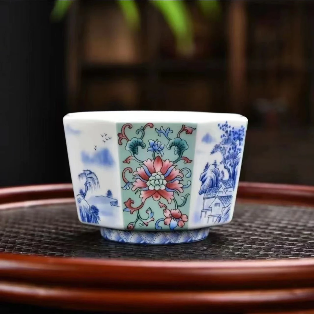 A7-1/八方来财山水主人杯珐琅彩青花陶瓷手绘家用手工/一件