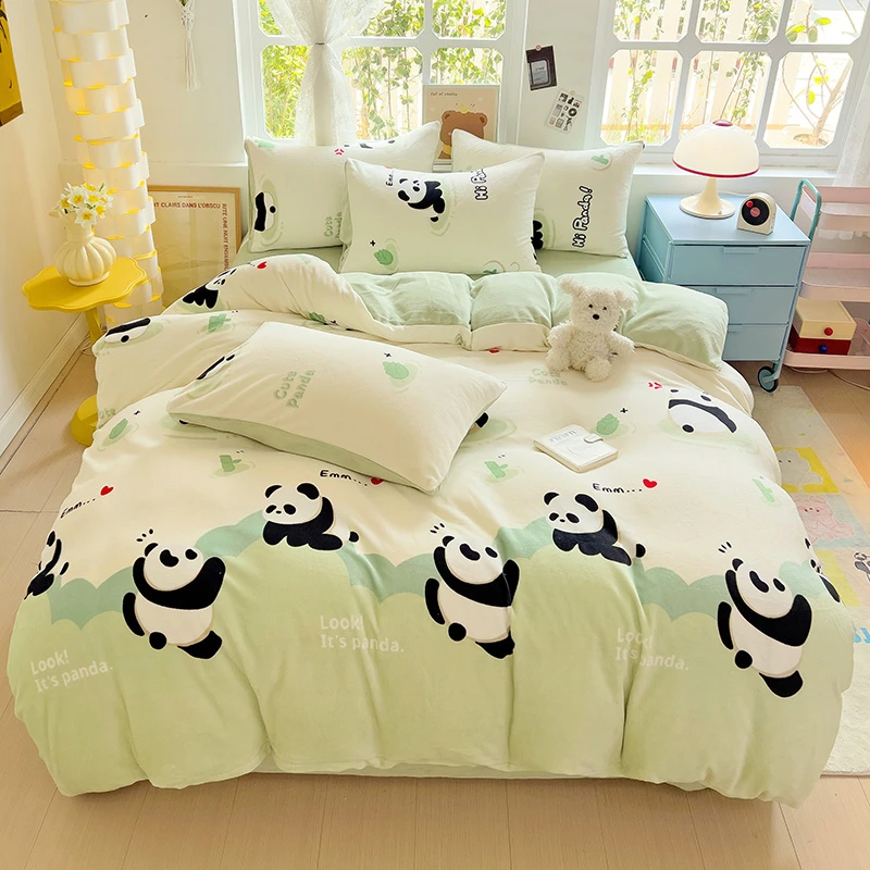 2024新款牛奶绒四件套秋冬加厚高克重亲肤学生宿舍单人卡通公主风