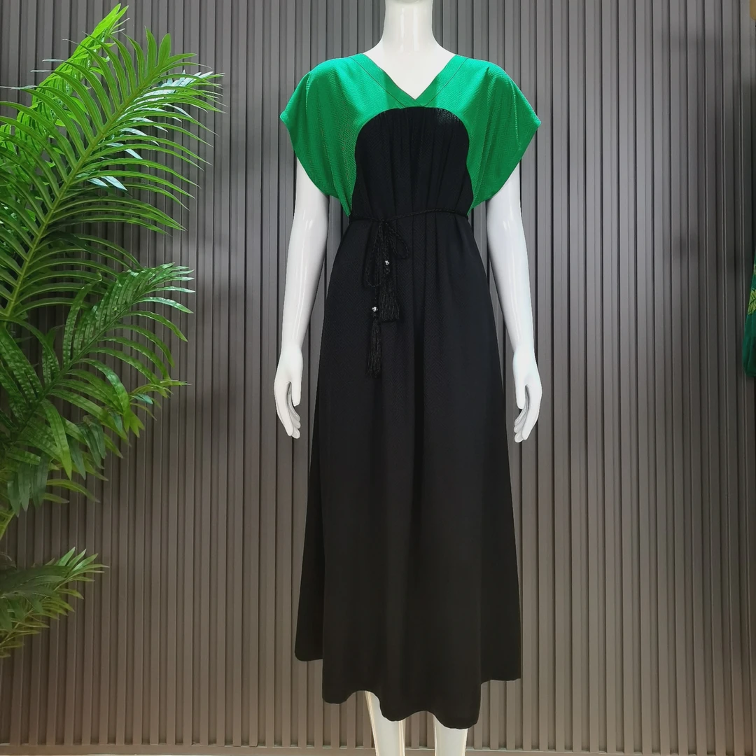 BQ0257绫岩品牌精品暗花宽松高雅大气连身袖设计V领连衣裙