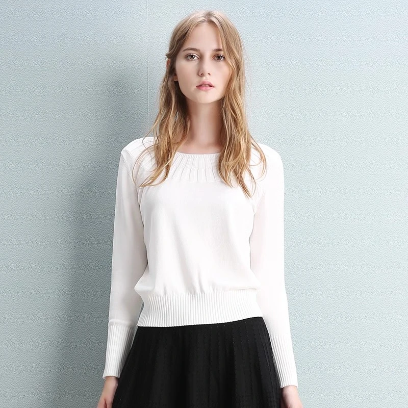 雅意娜菲中年女士天丝长袖针织衫宽松百搭长袖上衣修身圆领时尚