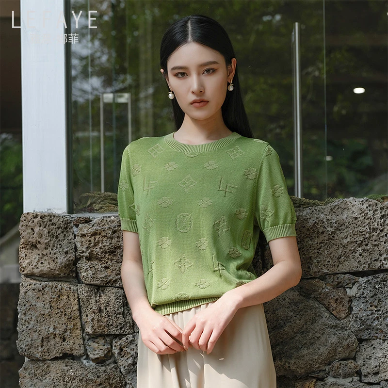 雅意娜菲2024春夏新款印花针织衫女小众氛围感修身套头短袖上衣
