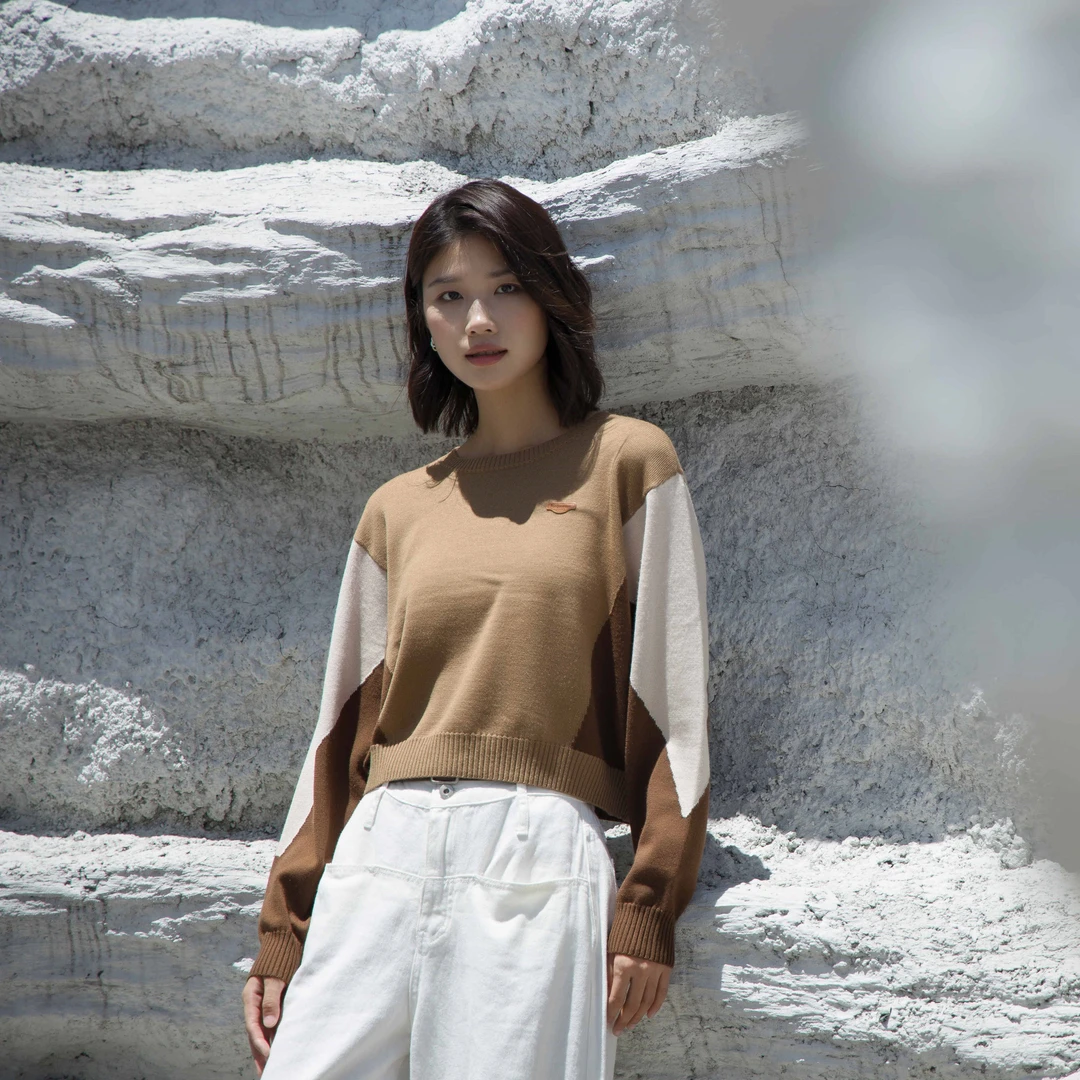 雅意娜菲2025春季新款设计感小众撞色宽松版蝙蝠袖羊毛美式复古女