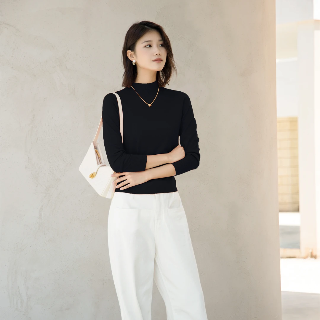 雅意娜菲秋冬新款针织衫上衣疏离感穿搭立领立领羊毛套头打底衫