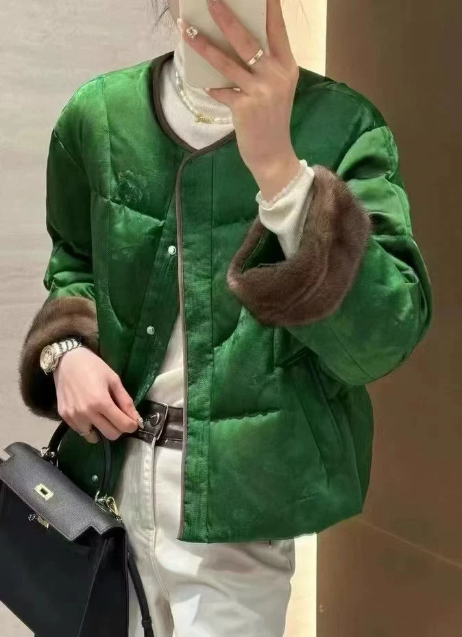欧洲站2024冬新款高级感女装内胆加绒绿色提花国风轻奢老钱风外套