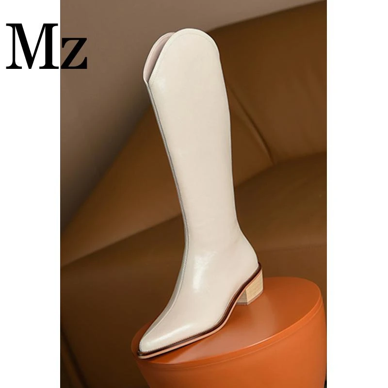 鞋匠小明/4.5cm/里外全皮西部长靴女高筒靴尖头高跟骑士靴女鞋