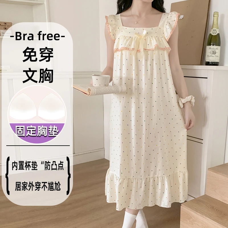 带胸垫小飞袖吊带睡裙女夏甜美公主风中长款睡裙气质家居服可外穿