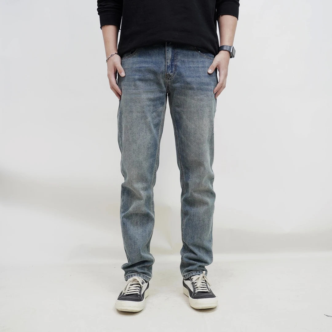 反季牛仔裤男款修身小直筒弹力小脚新款休闲百搭复古做旧裤子潮流