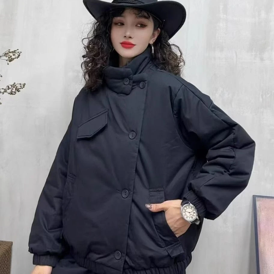 外贸秋冬新款英伦风斜门襟棉衣宽松百搭夹克女款棉服外套防寒棉袄