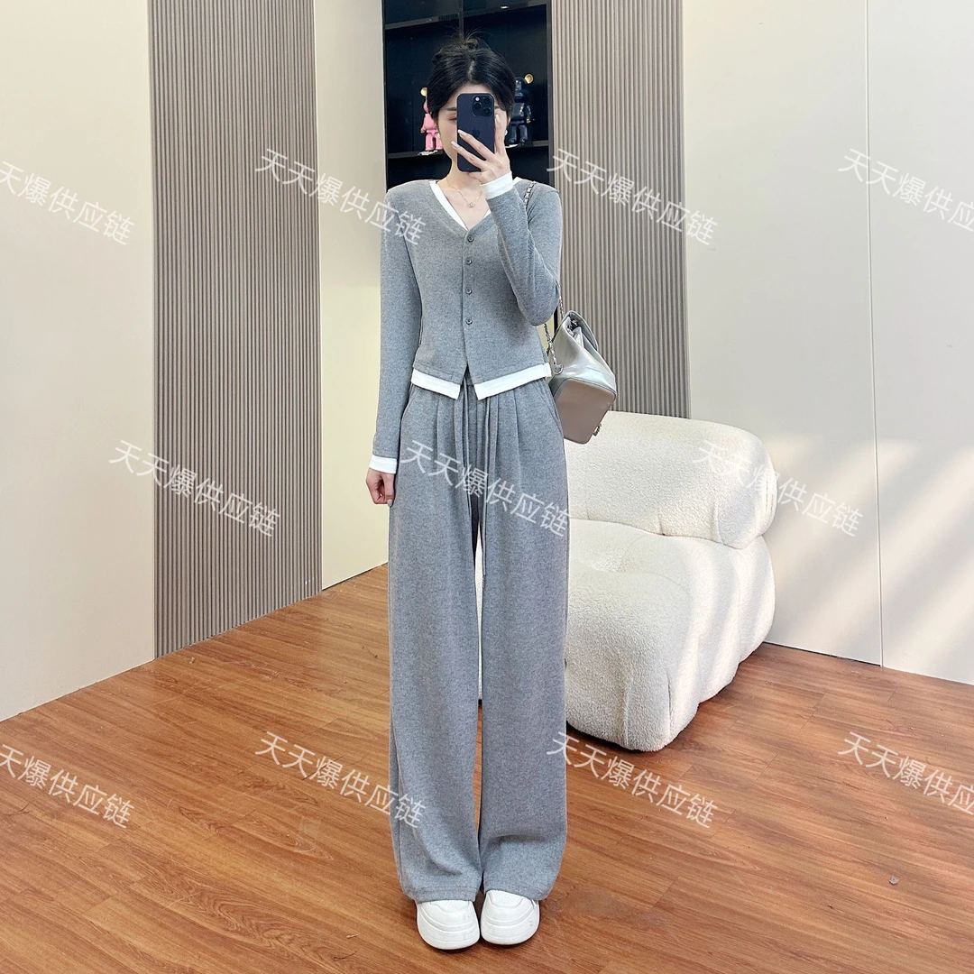 【天天爆】时尚休闲套装女秋冬新款假两件上衣阔腿裤两件套 T6059
