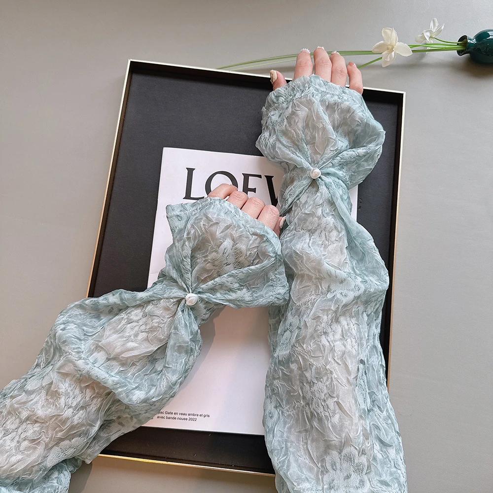 褶皱花朵珍珠扣甜美优雅防晒袖套女夏新款户外开车遮阳高品质冰袖