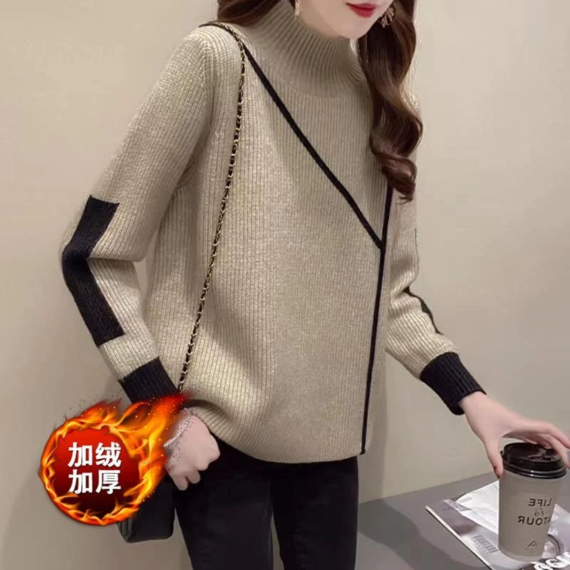 半高领毛衣女秋冬加厚设计感女士针织衫冬季加绒百搭宽松打底上衣