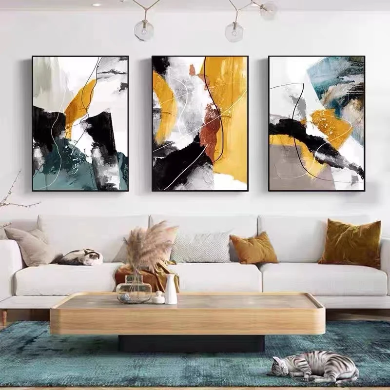 纯手工三联画黑白橙客厅沙发背景墙装饰画餐厅现代简约抽象挂画