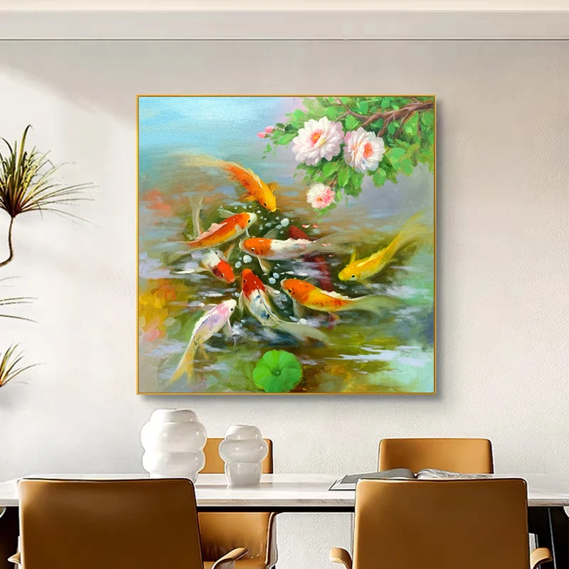 【九鱼牡丹花】手工画印象客厅挂画餐厅寓意好高档装饰画立体画室