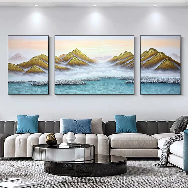 【日照金山】原创手工三联画餐厅装饰画客厅沙发背景挂画轻奢别墅