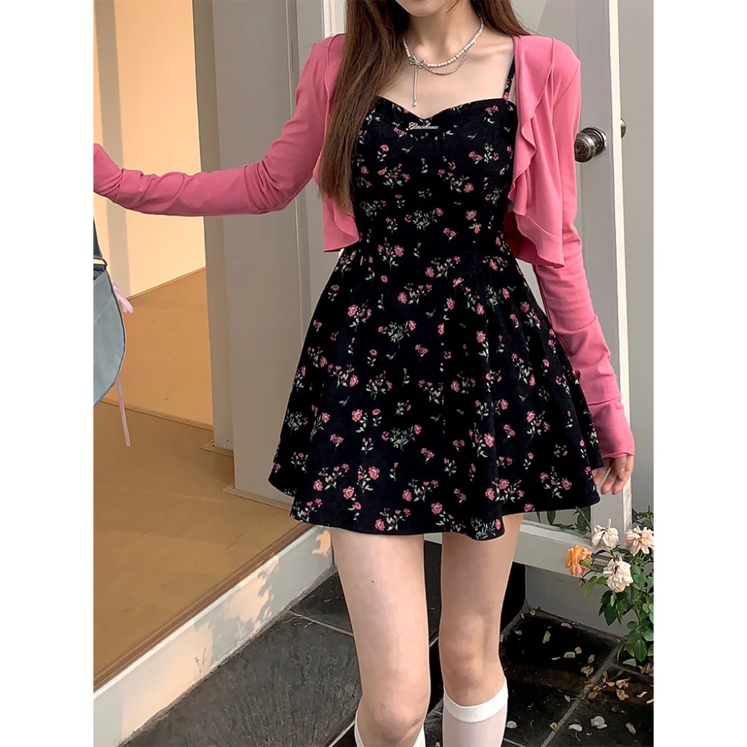 【春日桃桃】6050微胖mm法式复古碎花吊带裙设计感花边防晒开衫