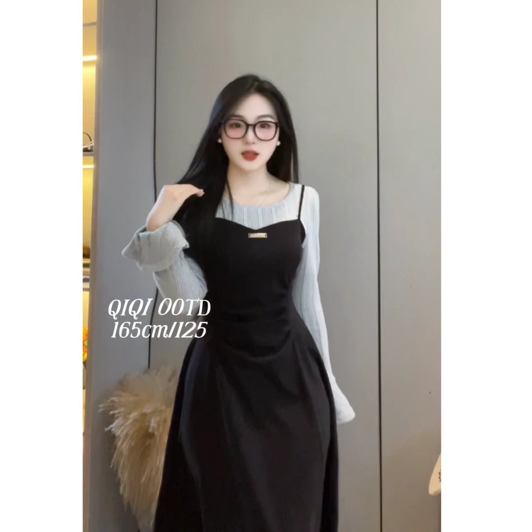 【甜美小调】7569微胖mm秋冬氛围感穿搭假两件拼接吊带裙显瘦连衣裙