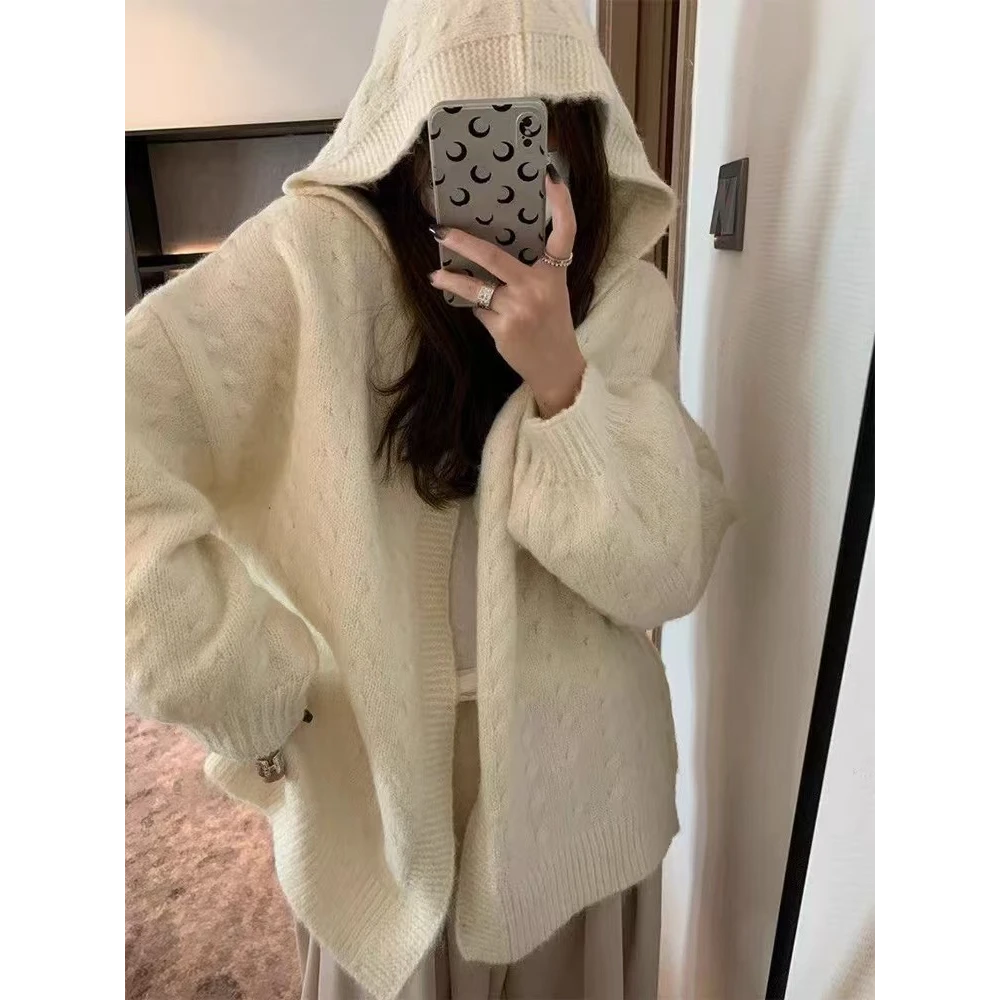 7380微胖mm秋冬韩版连帽宽松慵懒中长款针织开衫女软糯毛衣大外套