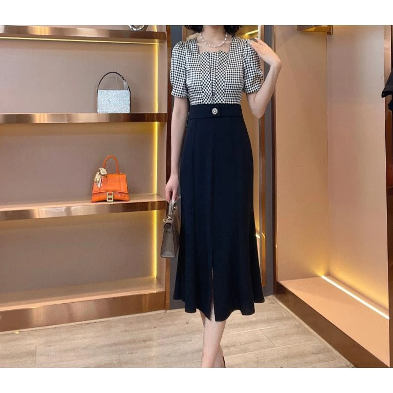 【香舍菲尔】季新款气质千鸟格鱼尾收腰遮肉小众轻奢连衣裙83621-佩