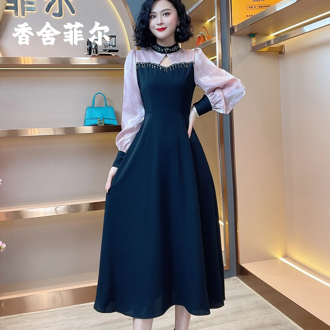 【香舍菲尔】82011#新款气质修身法式收腰设计感钉钻显瘦轻奢连衣裙
