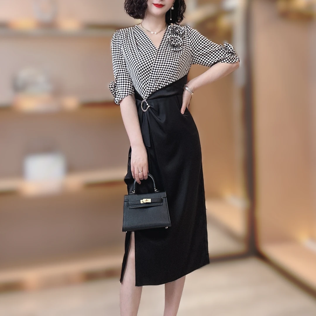 【香舍菲尔】夏季千鸟格花朵法式收腰遮肉小众轻奢连衣裙-85081-新