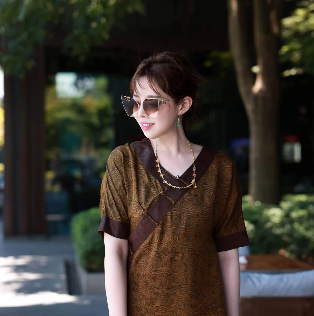 【深牧禅】景衣国风咖色宽松百搭连衣裙