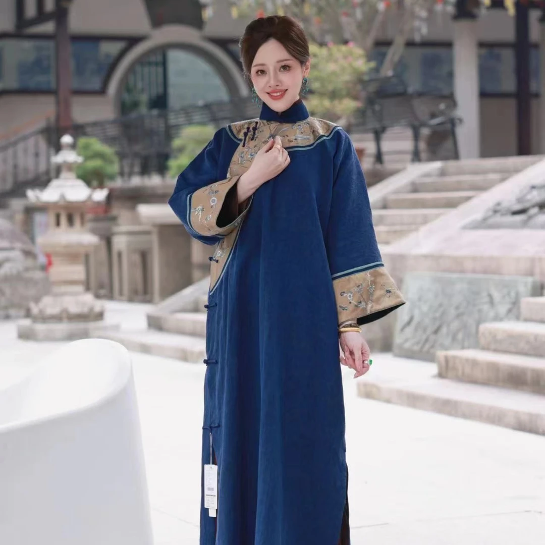 【滴滴金】景衣国风蓝色手工立领修身日常气质长款旗袍