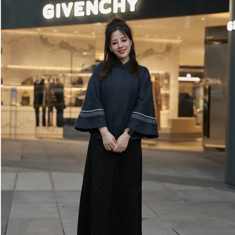 【安平乐】景衣国风藏蓝色立领斜襟手绣绣花提花香云纱提花加棉上衣