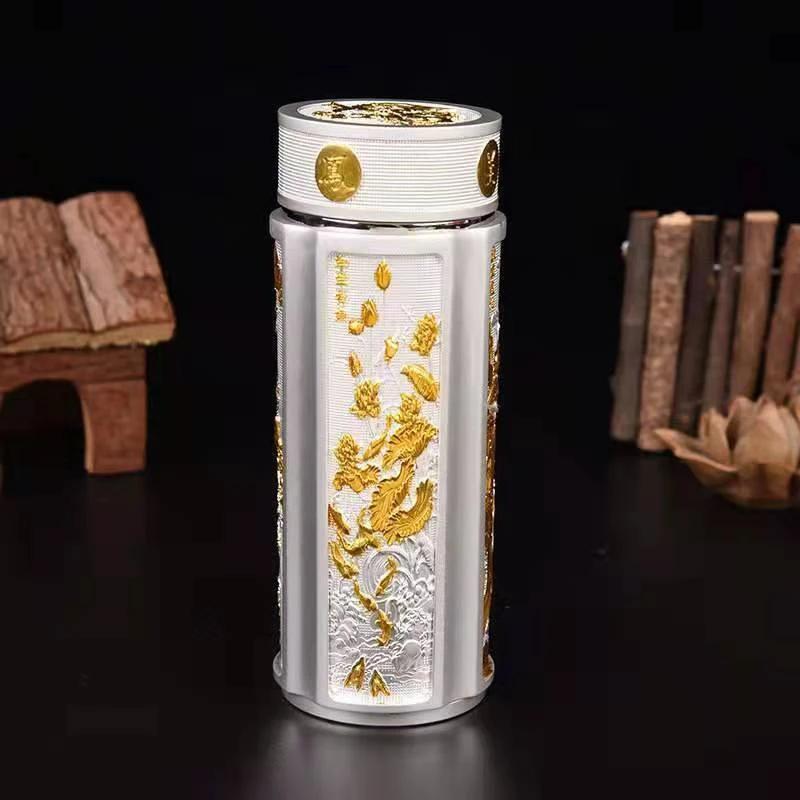 高端金银双色龙凤呈祥杯子高档保温杯银杯银杯子