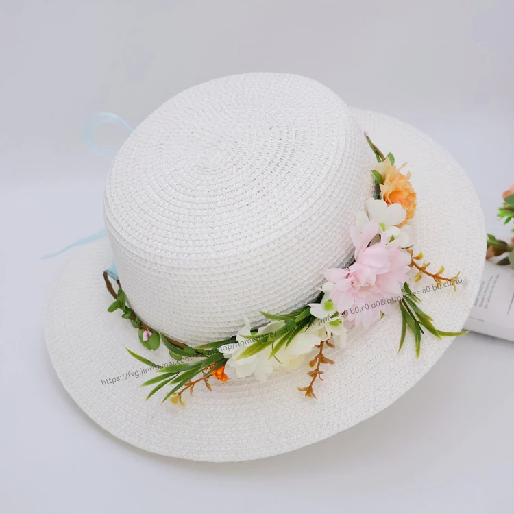 遮阳帽平顶草帽女式夏季户外旅游拍照花朵礼帽海边度假沙滩帽防晒