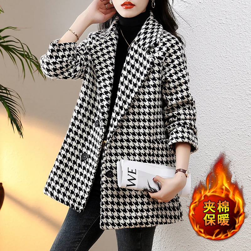 2024春季新款时尚显瘦西装领千鸟格加棉加厚中长款毛呢外套女上衣