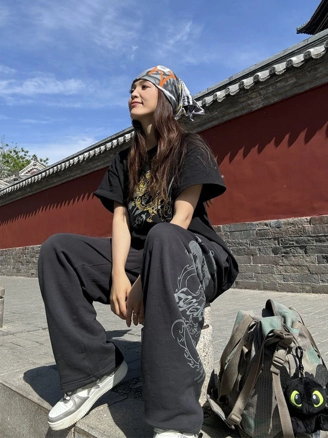 美式深灰hiphop爵士舞裤夏季国风龙印花宽松阔腿休闲运动束脚卫裤