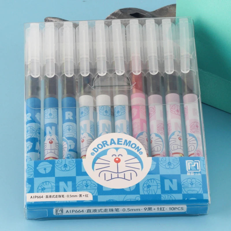 664哆啦梦直液式走珠笔学生用0.5全针管中性笔10支花纹塑料便携