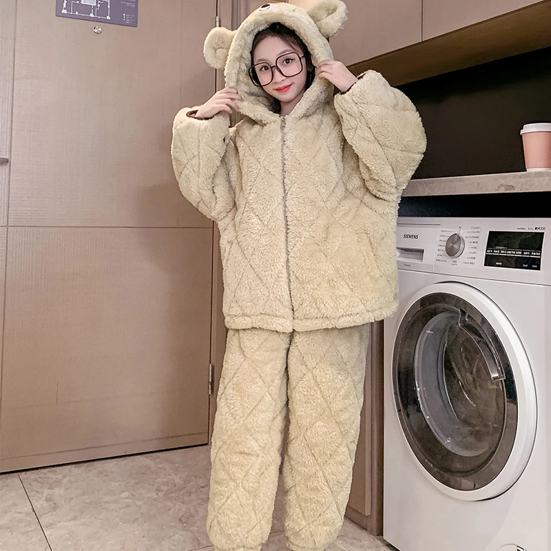 女童法兰绒夹棉睡衣套装冬季三层加厚保暖家居服儿童洋气宽松衣服