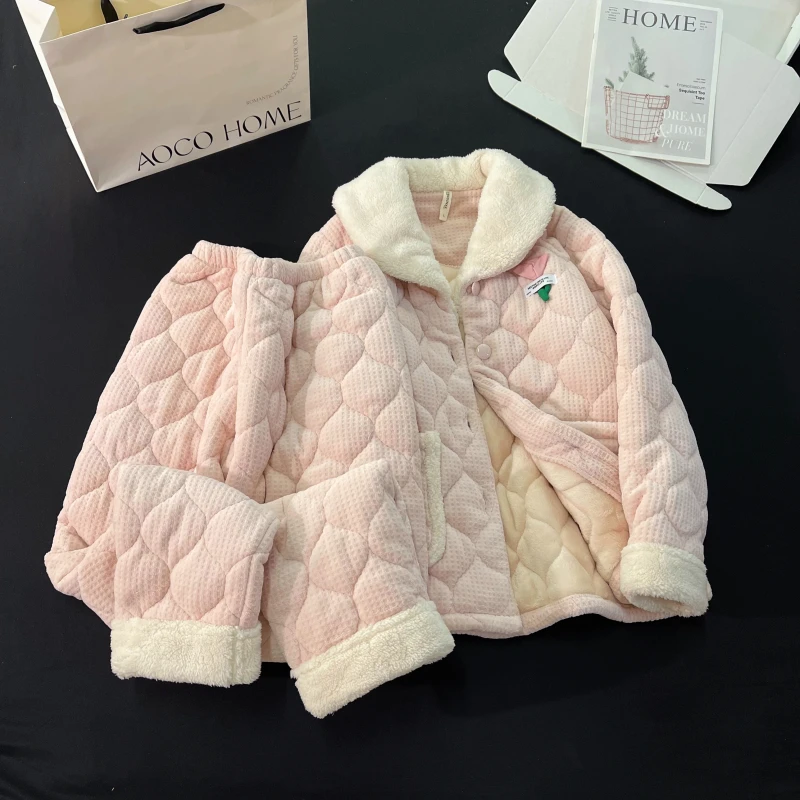 睡衣女秋冬季珊瑚绒三层夹棉加厚可外穿保暖淡粉法兰绒套装家居服