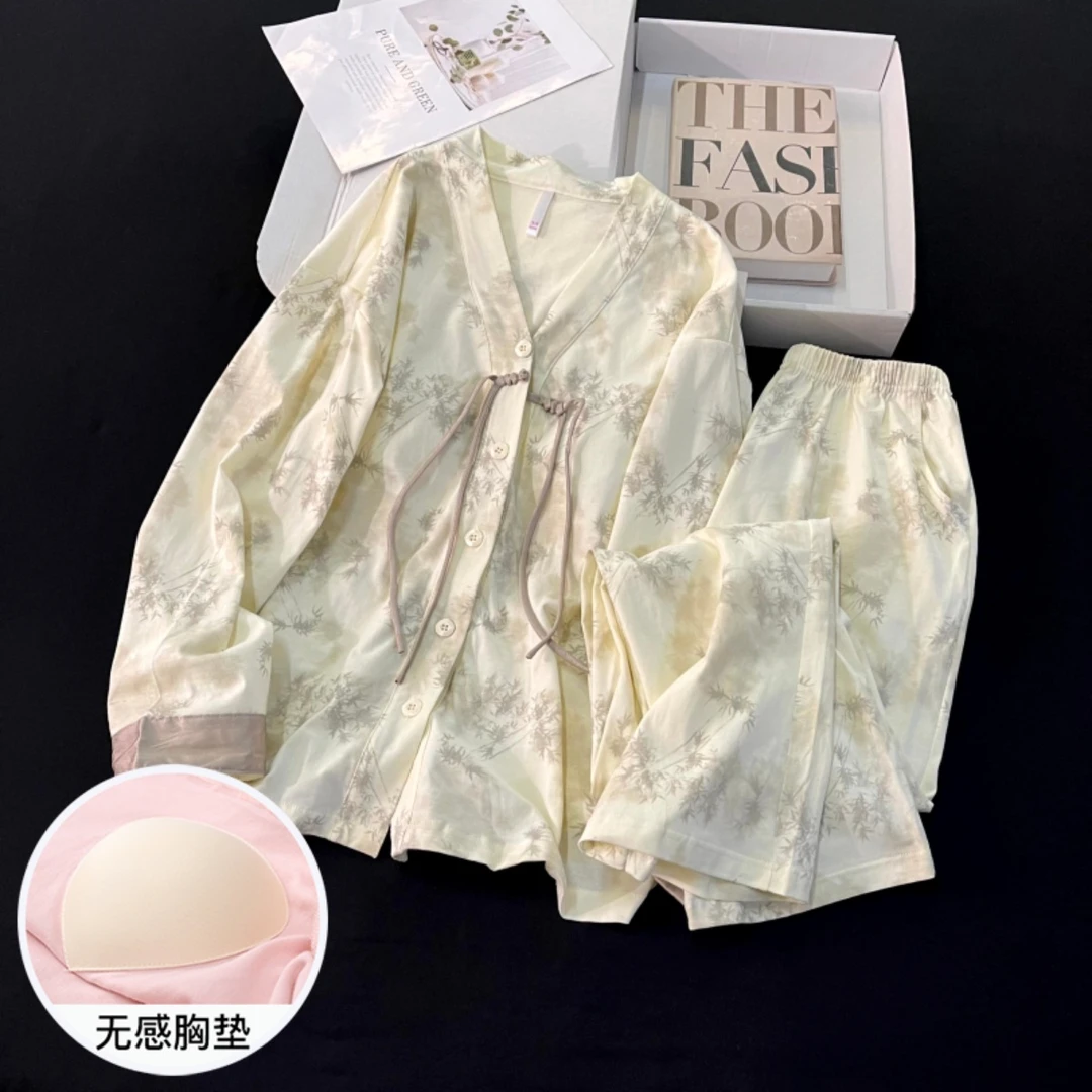 睡衣女春秋季长袖大码纯棉保暖带胸垫可外穿新中式国风套装家居服