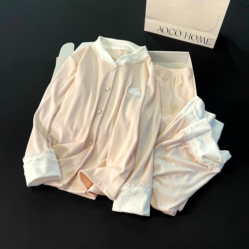 海岛绒睡衣女秋冬季长袖大码保暖珊瑚绒可外穿粉色家居服兔子套装