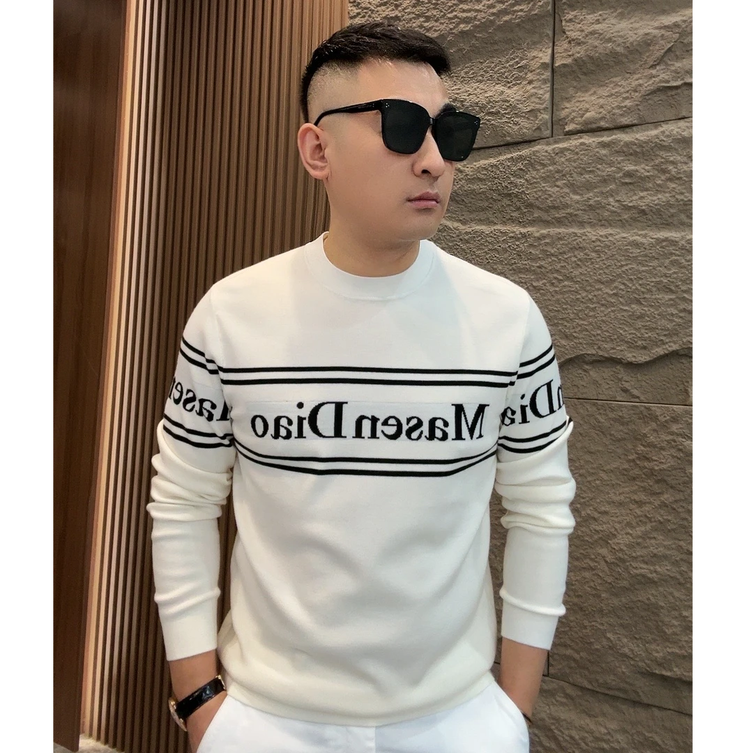 GCONE秋冬男士时尚提花长袖圆领精纺四平针极细美丽诺绵羊毛衫