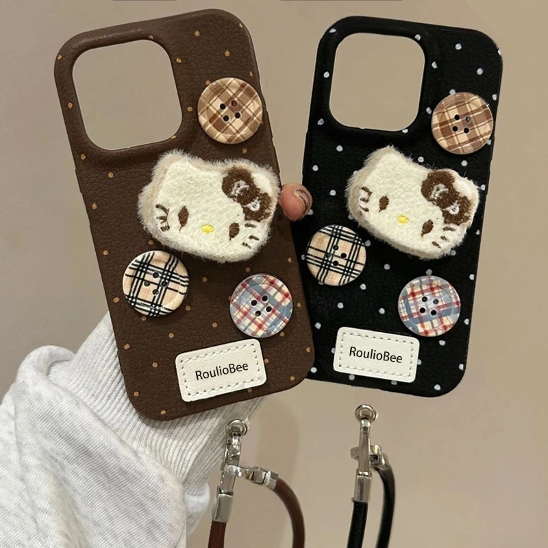 波点凯蒂纽扣贴件适用iPhone16/15皮纹苹果14promax挂绳手机壳