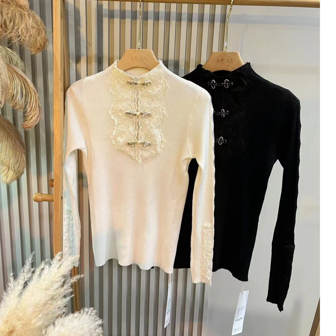 【美美专享】99766新款盘扣蕾丝拼接毛衣上衣