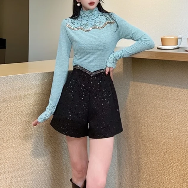 【美美专享】10557秋冬新款设计感亮片钻边阔腿短裤女