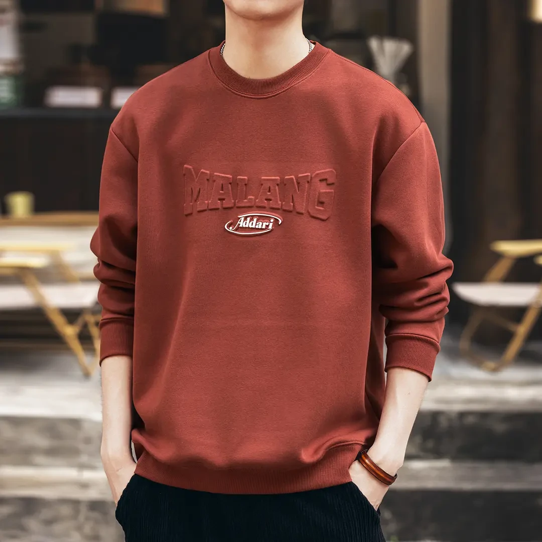 美式潮牌复古长袖男士卫衣秋冬新款宽松砖红色体恤外套