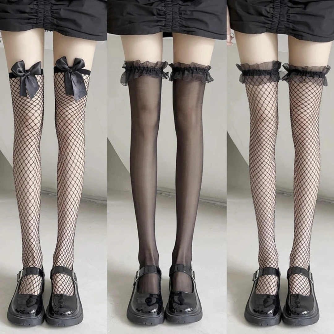 【暗黑花边袜】甜辣纯欲风网袜蕾丝蝴蝶结大腿长筒袜过膝高筒袜美
