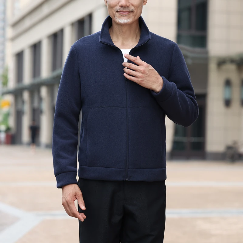 春秋款高档男士抓绒外套休闲夹克舒适高品质外衣中老年运动上衣