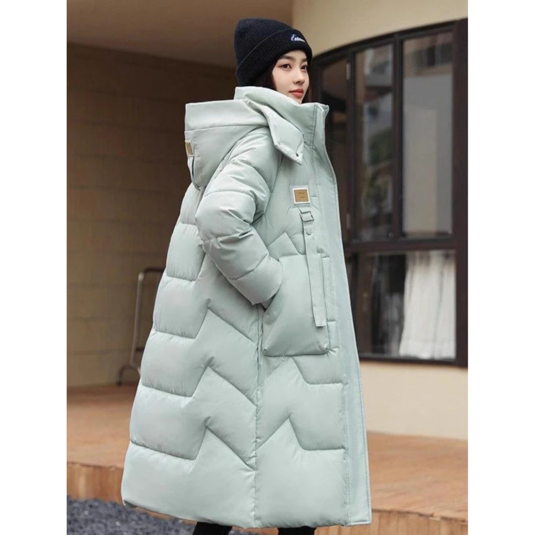 K冬季简约气质韩系中长款棉服女冬加厚连帽棉衣外套